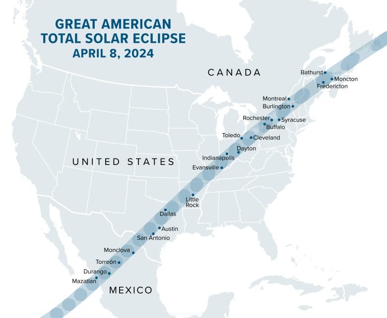 Total solar eclipse path to totality on North America