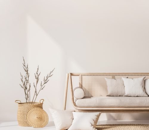 Living room with rattan furniture.