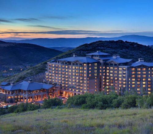 A resort tucked into the hills at dusk