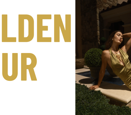 A graphic titled "Golden Hour" with an image of a girl in a green dress lounging in the sun.