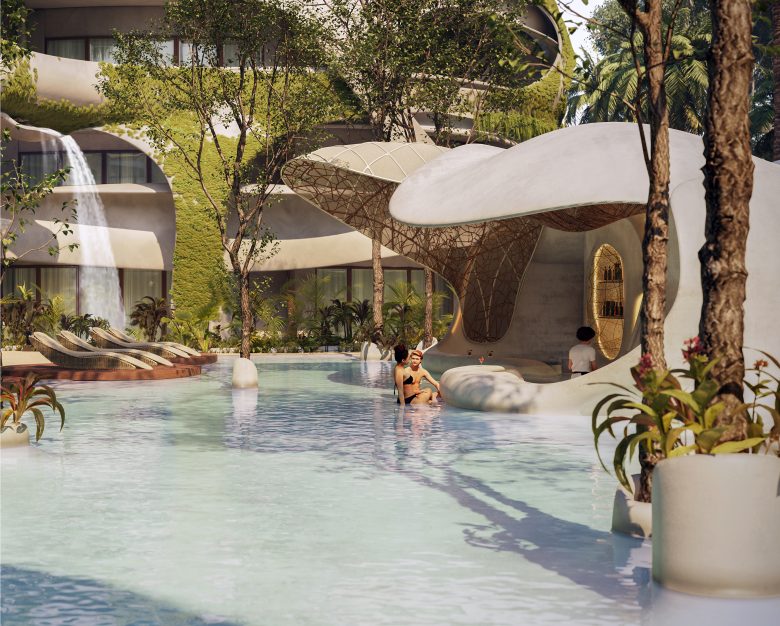 A rendering of a pool with a swim up bar.