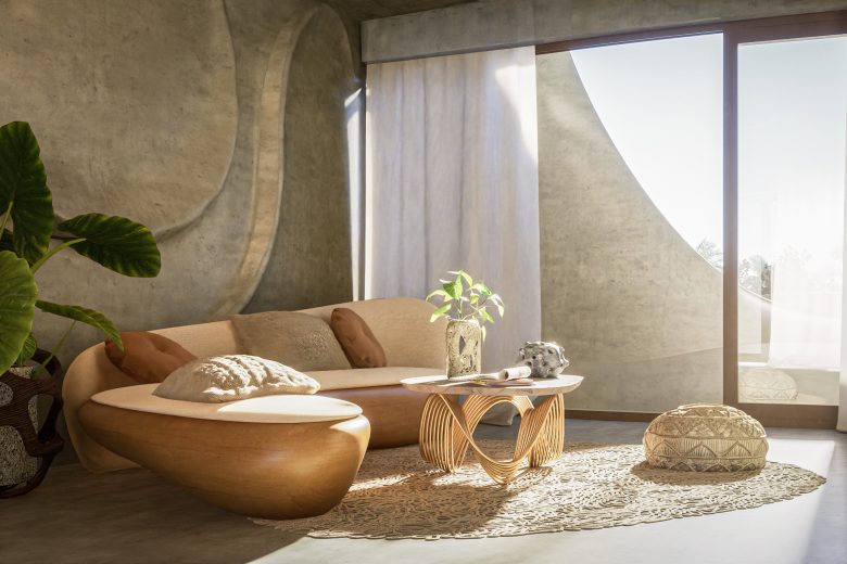 A modern living room with a curved couch.