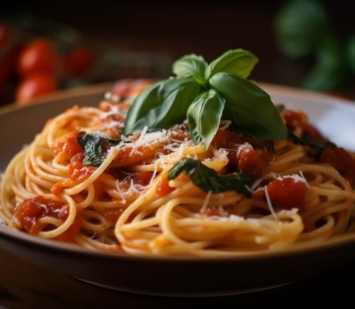 Spaghetti with basil on top.