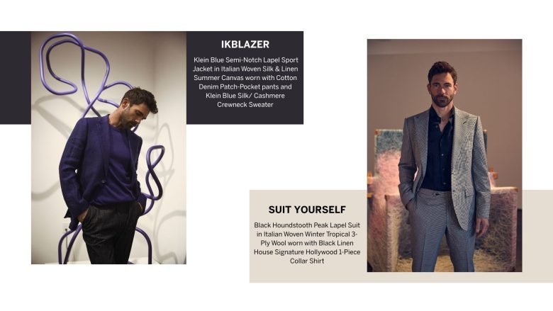 Two images of the same man in different luxury menswear posing against artwork.